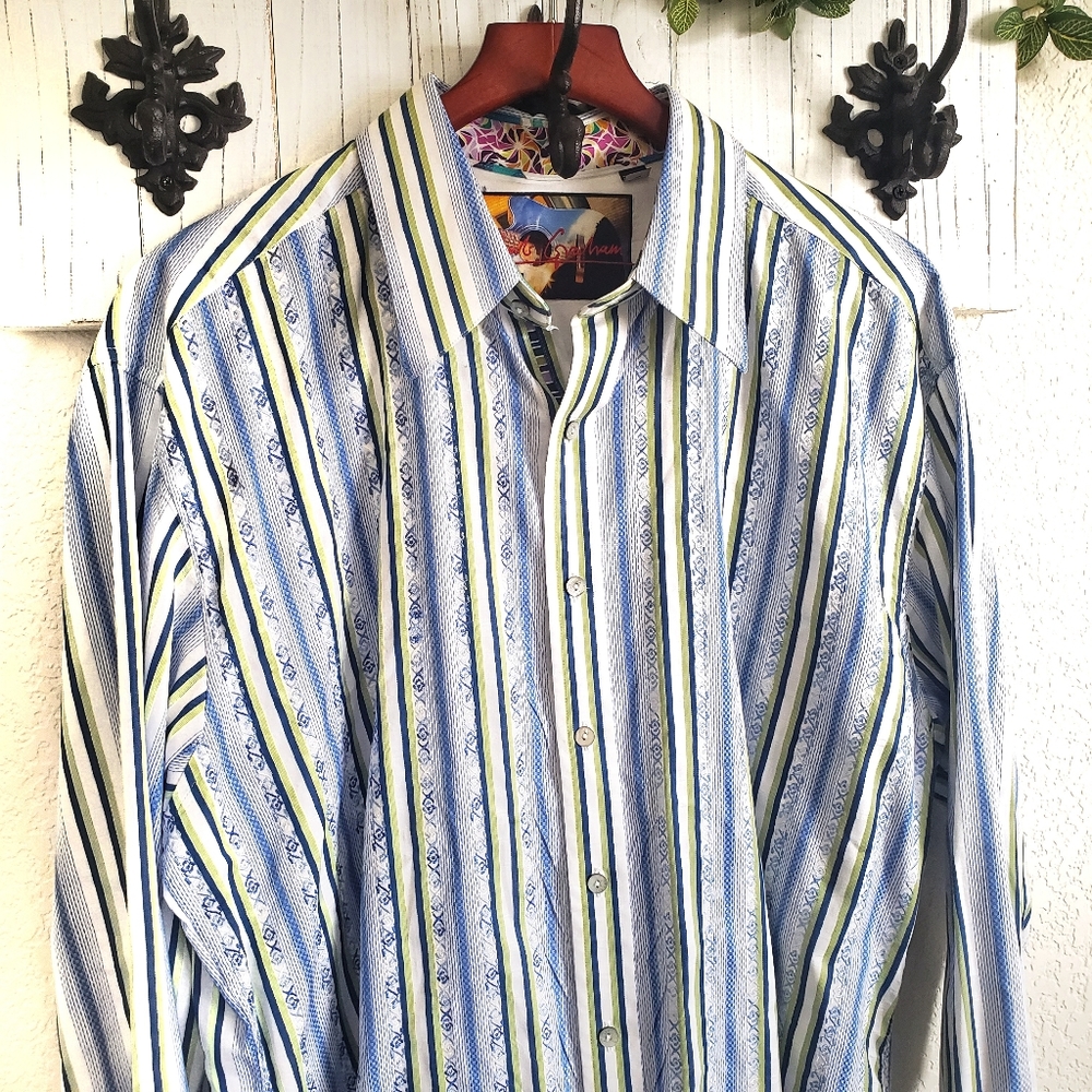 Robert Graham Button Down Blue And White Striped Long Sleeve Shirt 2XL